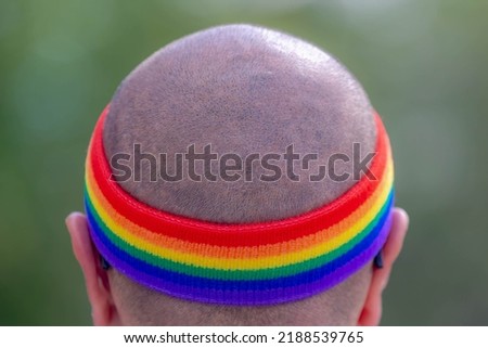 Colour of gay pride, Back view of man head wearing rainbow headband, Amsterdam canal parade, LGBT annual festival celebration, The greatest event in the world, Netherlands, Worldwide social movements.