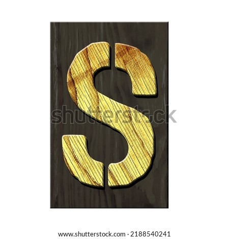Letter S. Alphabet made of letters, made of wood, on a dark wooden plank. Isolated on white background. Education. Design element.