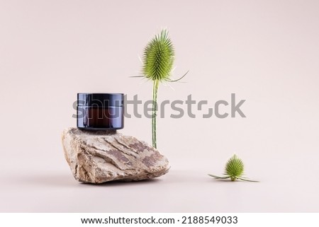 container for cosmetics, a stone and a thorn of lint on a beige background
