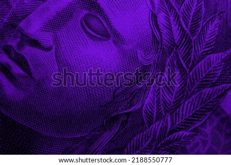 Purple Brazilian money bill showing a beautiful drawing of a face with crosshatch texture. This picture works as a design template, background or wallpaper.
