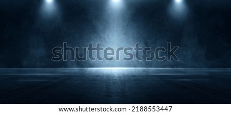 A dark empty street, dark blue background, an empty dark scene, neon light, spotlights The asphalt floor and studio room with smoke float up the interior texture. night view Royalty-Free Stock Photo #2188553447