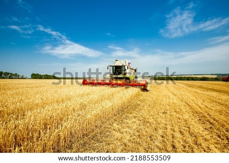 Combine harvester harvests wheat in the field. Agriculture background. Harvest season Royalty-Free Stock Photo #2188553509