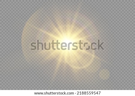 Star burst with brilliance, glow star, glowing light burst on transparent background, yellow sun rays, golden light effect, flare of sunshine with rays, bokeh effect, gold glare, vector illustration Royalty-Free Stock Photo #2188559547
