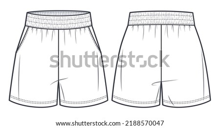 Unisex sweat Shorts technical fashion illustration. Short Pants fashion flat template, elastic waist, front and back, white colour. Sportswear unisex CAD mock-up. Royalty-Free Stock Photo #2188570047