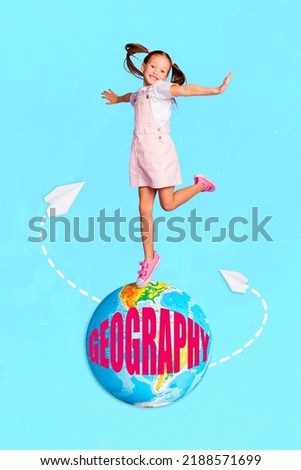 Vertical collage picture of excited crazy girl stand planet earth globe geography text flying paper planes isolated on blue background