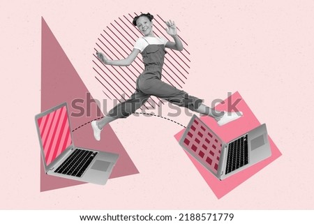 Composite collage picture of excited happy girl black white gamma jumping between netbook displays isolated on painted background