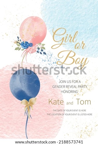 Gender reveal party invitation. boy or girl. watercolor pink and blue balloons with flowers and ribbons. Banner and poster, background with balloons on the ribbon. Vector illustration Royalty-Free Stock Photo #2188573741