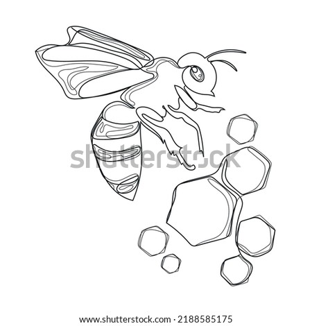 Bee with honeycomb line drawing logo,icon design template,abstract vector illustration.Black and white sketch bee insect line art.Hand drawn design for emblem,print and other