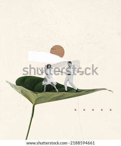 Contemporary art collage. Portrait of loving stylish couple dancing on flowers leaf. Retro, vintage style. Concept of realtionship, lifestyle, creativity. . Copy space for ad, poster Royalty-Free Stock Photo #2188594661