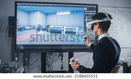 Student Mechanical Engineer in VR Headset and Controllers, Uses VR Technology for Industrial Design, Development, Prototyping in CAD Software on Computer. Augmented Reality Concept.