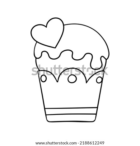 Monochrome picture, Delicious cupcake with powdered sugar and a heart, vector illustration in cartoon style on a white background