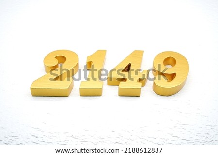 Number 2149 is made of gold painted teak, 1 cm thick, laid on a white painted aerated brick floor, visualized in 3D.                                