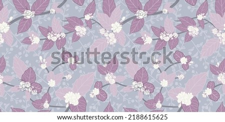 Vector purple leaves white jasmines vines on violet texture background creative Seamless pattern. Great for fashion allover fabric print, textile, packaging projects and more Royalty-Free Stock Photo #2188615625