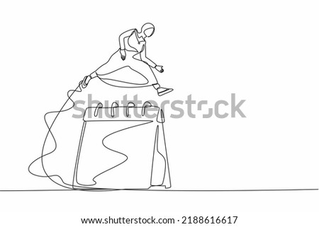 Continuous one line drawing Arab businesswoman jumping over big calendar. Manager planning month work in desk calendar. Worker setting appointment reminder. Single line draw design vector illustration