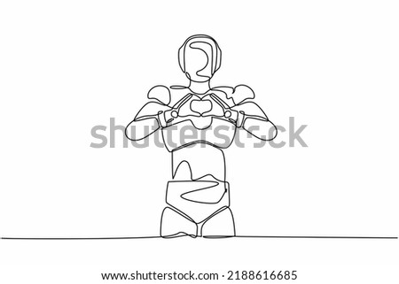 Continuous one line drawing robot standing with making love sign, heart symbol in front of chest. Humanoid cybernetic organism. Future robotic development. Single line draw design vector illustration