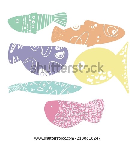 Colorful flat fishes set with white drawn texture