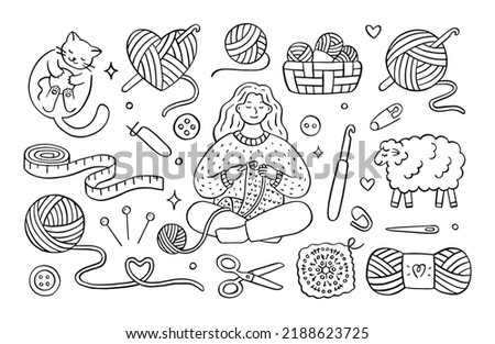 Crochet doodle illustration of girl knitting clothes, cat playing with wool yarn ball, sheep, hook, skein. Hand drawn cute line art about handmade. Drawing for coloring Royalty-Free Stock Photo #2188623725