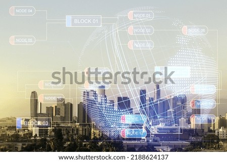 Multi exposure of abstract software development hologram and world map on Los Angeles skyscrapers background, global research and analytics concept