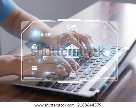 Online banking concept. online financial transactions digital technology business on virtual screen with icon payment, shopping, security, and the globe. man using laptop to do financial transactions