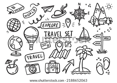 Set travel outline doodle signs. Tourism and summer adventure icons. Clip art travelling elements. Vector illustration