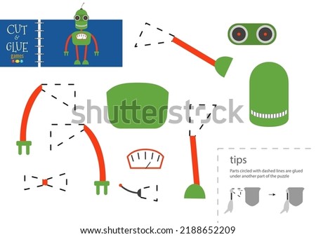 Cut and glue paper toy. Preschool kids vector educational worksheet. Diy model with funny robot character