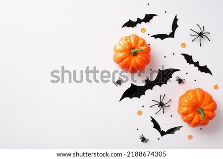 Halloween concept. Top view photo of pumpkins bat silhouettes spiders and black confetti on isolated white background with copyspace