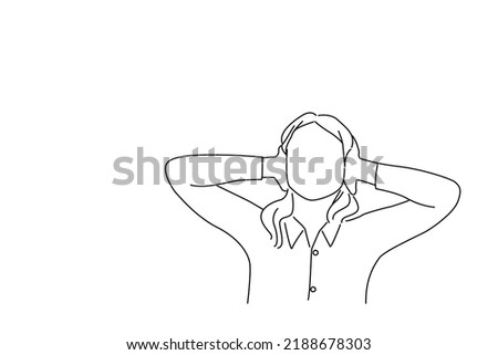 Drawing of unhappy stressed business woman covering her ears looking up stop making loud noise. Outline drawing style art
