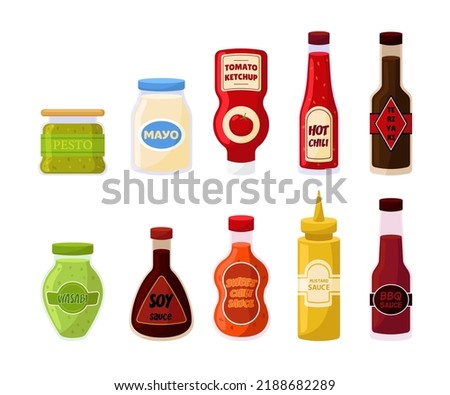 Bottles and jars of different sauces vector illustrations set. Cartoon drawings of sauce, spice or dressing packaging with labels, ketchup, mayonnaise, teriyaki, BBQ sauce. Food, condiments concept Royalty-Free Stock Photo #2188682289