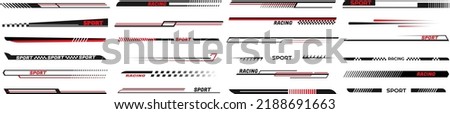 Race car lines. Sport stripes vinyl stickers, racing vehicle tuning and speed line vector set. Red and black modern elements for vehicles for automobiles identity marks isolated on white