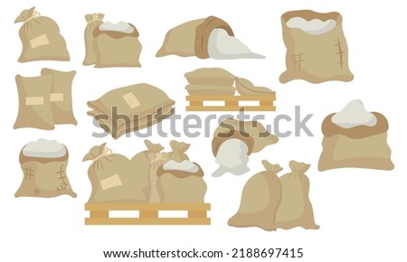 Sack or bag sand and rice seed. Farmer flour and potato pallet brown farming isolated vector illustration. Plant mill wheat agriculture and farm harvest icon set. Cartoon harvesting product symbol Royalty-Free Stock Photo #2188697415