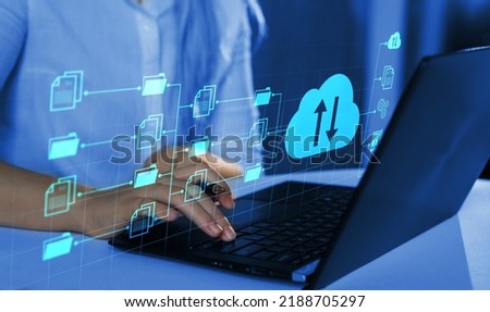 Digital system for transferring documents. Exchange information and data with internet cloud technology.FTP(File Transfer Protocol) files receiver and computer backup copy. File sharing isometric.  Royalty-Free Stock Photo #2188705297