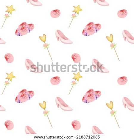 Seamless pattern of fairy tale princess elements (magic wand, shoe, flowers), illustration on a white background