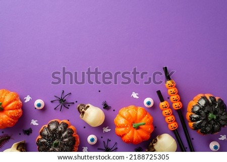 Halloween party accessories concept. Top view photo of pumpkins skulls eyeballs cocktail straws spiders centipedes ghost silhouettes and confetti on isolated violet background with copyspace