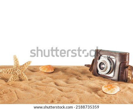 Background of beach with seashells, starfish and a retro photo camera