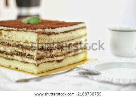 Tiramisu cake on table. delicious and sweet homemade cake. layered cake. food concept for background or wallpaper.
