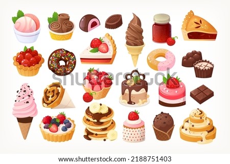 Chocolate and strawberry foods, Ice creams, cakes, pies and muffins. Jam, sweets, donuts and more ice creams.
