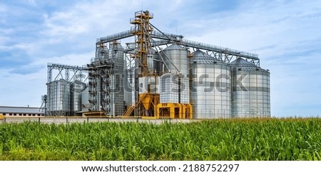 agro silos granary elevator with seeds cleaning line on agro-processing manufacturing plant for processing drying cleaning and storage of agricultural products in rye corn or wheat field
