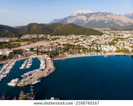 Drone photo of Kemer, resort town on Mediterranean coast of Turkey. City of Antalya, on Turkish Riviera.