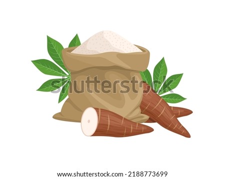 Vector illustration, cassava flour in a burlap sack, with cassava and leaves, isolated on a white background. Royalty-Free Stock Photo #2188773699