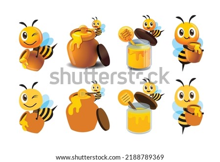 Flat design and 3D style cartoon cute bee mascot set. Cartoon cute bee with honey pot set. Cute bee carries honey pot and organic honey bottle. Vector character mascot set
