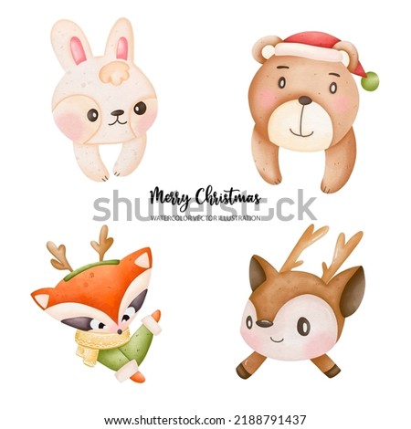 Funny animals faces in winter and Christmas,  reindeer, rabbit, raccoon, dog, Vector illustration
