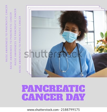 Composition of pancreatic cancer day text with african american female doctor on grey background. Pancreatic cancer day and celebration concept digitally generated image.