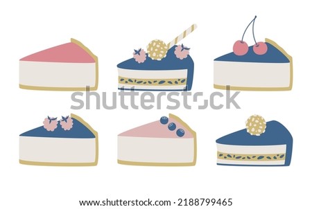 Set of vector cake slices illustrations. Collection of multicolor stylish cake cheesecake icons.