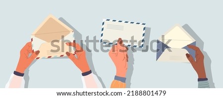 Various Envelopes with mail, postmarks, Postcards. Different objects, Craft paper, scissors, twine, sealing wax, handmade cards, confetti. Hand drawn Vector set. All elements are isolated