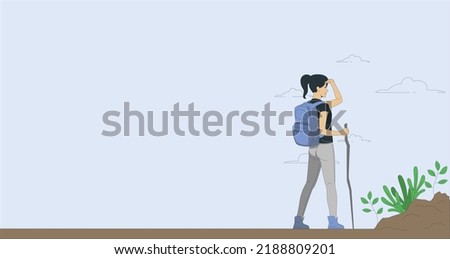 Woman with backpack, Traveler or explorer standing on top of mountain or cliff and looking on valley. Concept of discovery, exploration, hiking, adventure tourism and travel. Flat vector illustration.