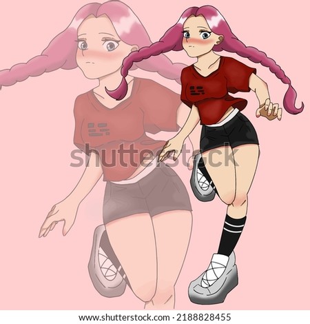 beautiful cute displeased anime girl in red t shirt and black shorts