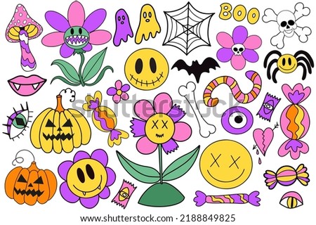 Groovy halloween stickers set in retro 70s style. Psychedelic collection of hippie design elements. The power of monster flowers. 