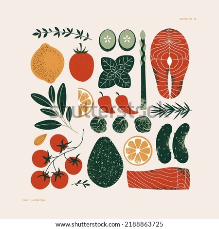 Healthy eating ingredients. Salmon and vegetables. Keto food. Tomato and herbs. Vector illustration.