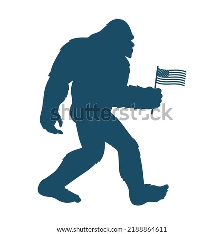 Bigfoot, big foot, sasquatch, yeti with American Flag on white background. Isolated illustration.