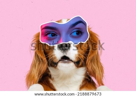 Magazine style collage with cute little doggy with female eyes expressing surprise isolated on pink background. Animal look, funny meme emotions. Surreal eyewear. Concept of fun, creativity, ad